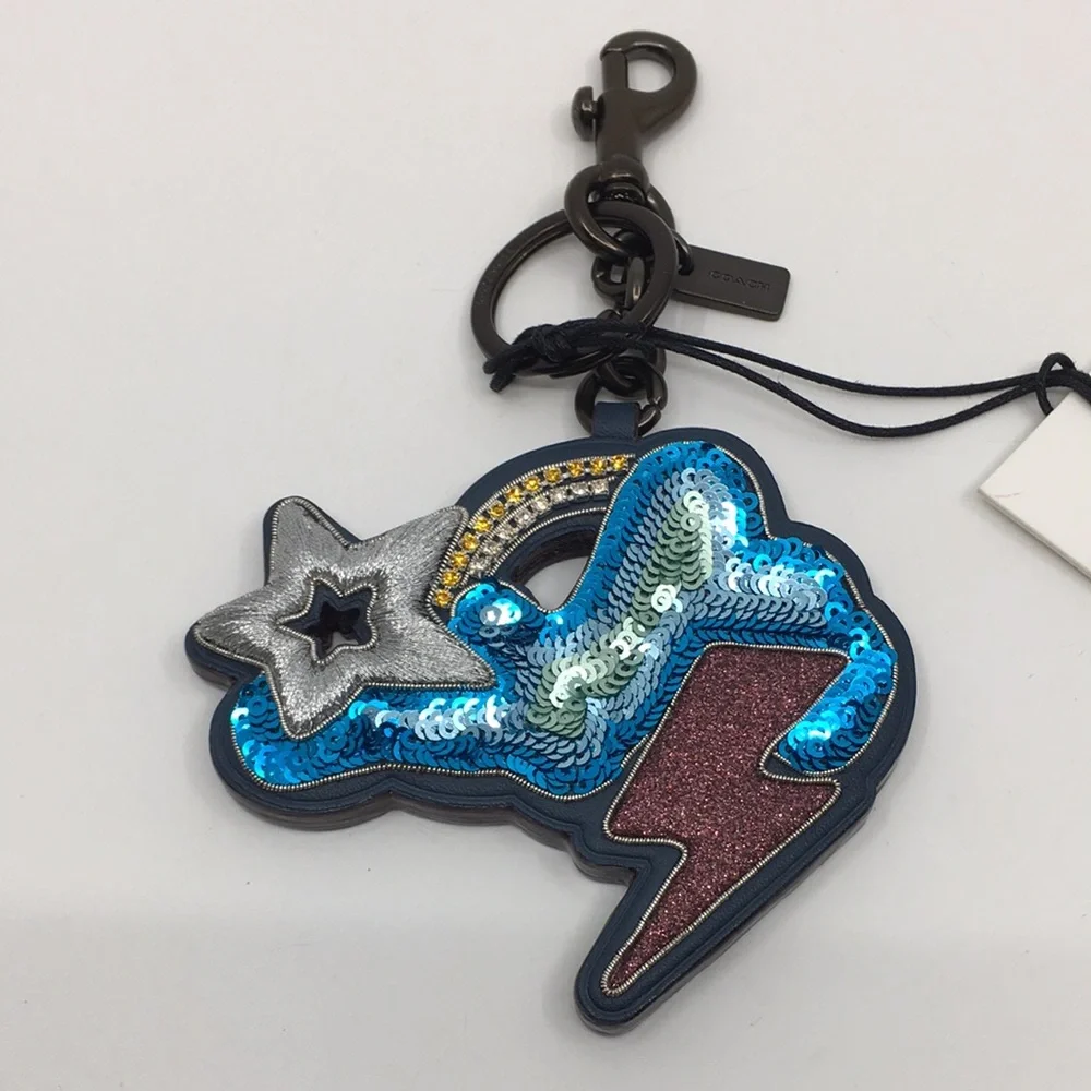 NWT Coach Style 24333 Cloud and Stars Leather and Sequined Key Bag Charm Denim - Picture 3 of 16